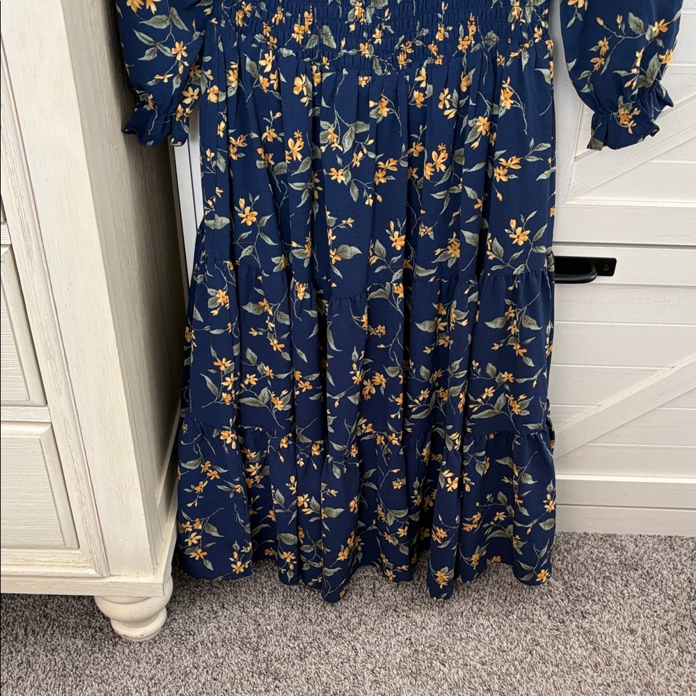 Baltic Born Navy Floral Smocked Tunic with Yellow Blossoms - Picture 3 of 7
